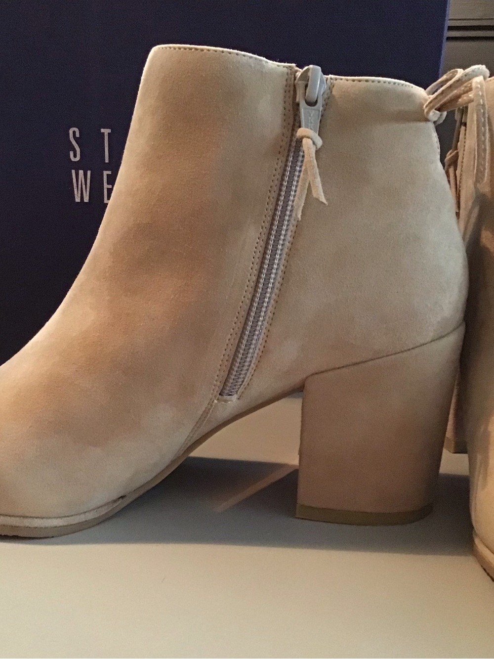 NIB Stuart Weitzman Taupe Suede Block Heel Ankle Boots